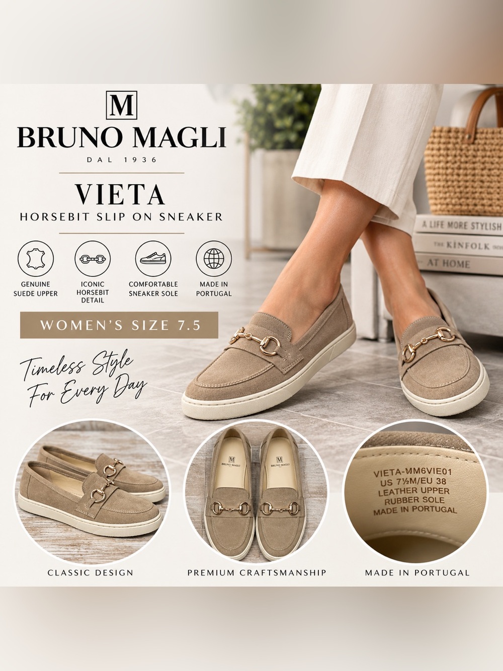 Bruno Magli Vieta Horsebit Suede Slip-On Sneakers Taupe Women’s 7.5